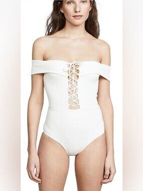 L*Space Swimsuit Anja Lace-Up Bandeau One Piece Off The Shoulder Ivory US 6